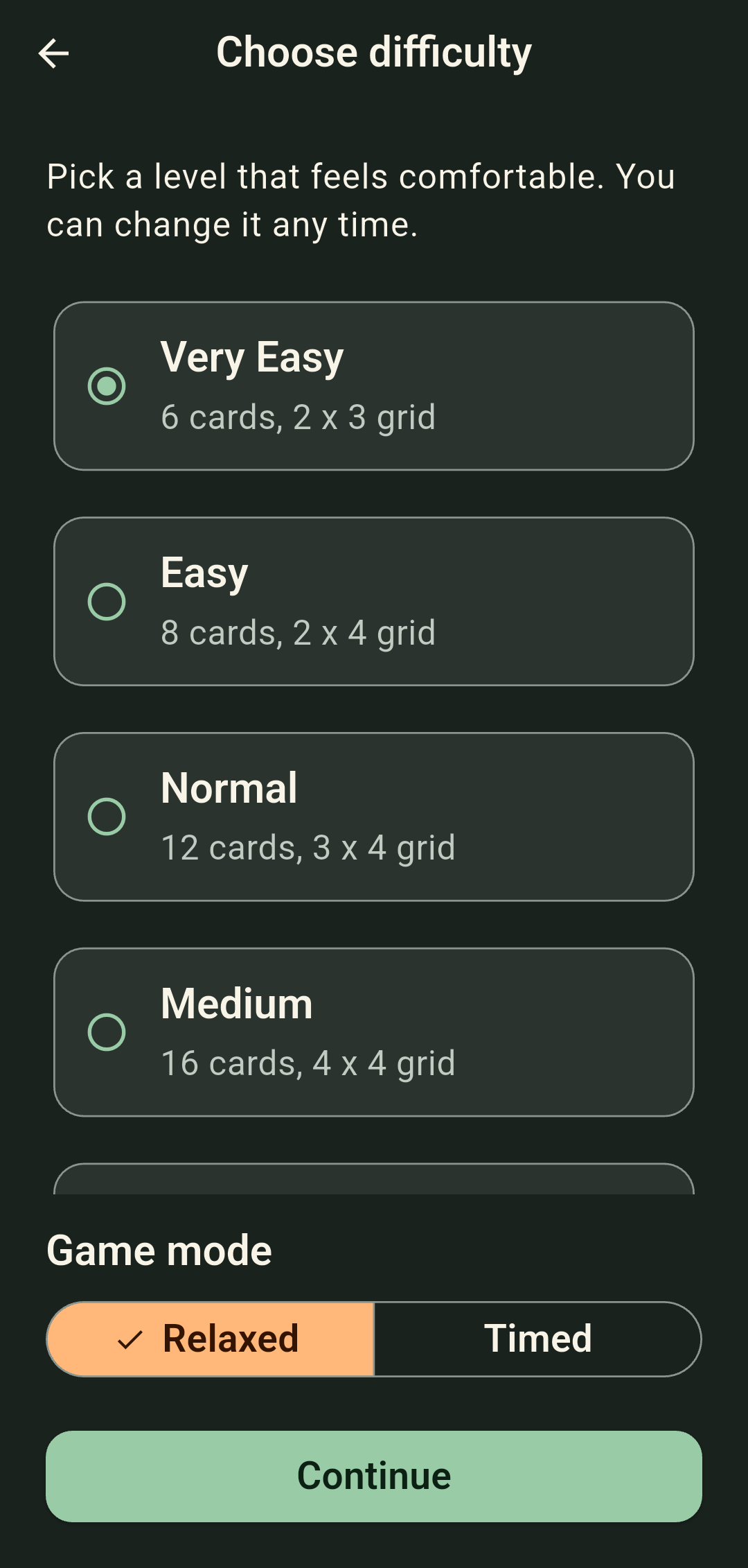 Pairly difficulty and game mode selection with six card-grid options