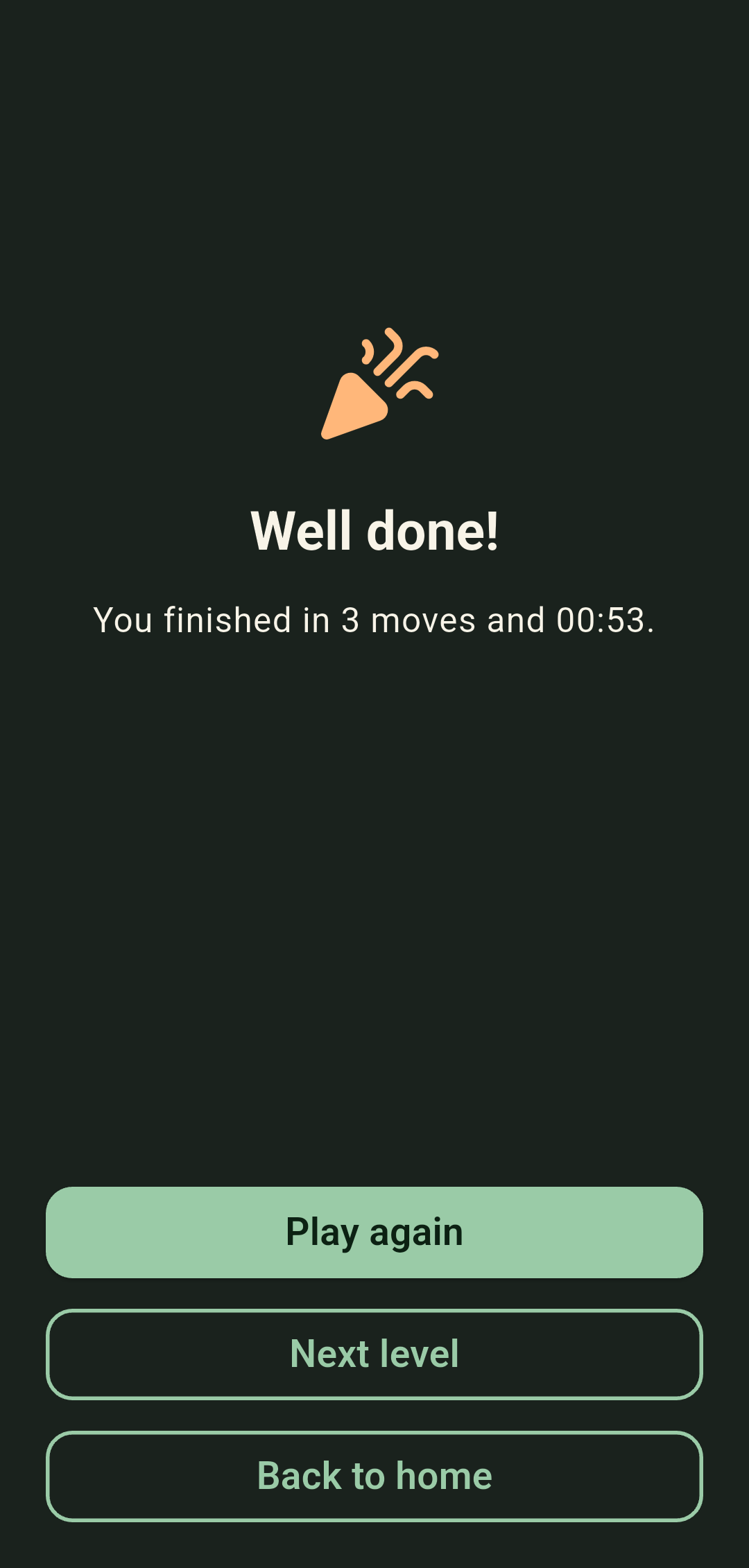Pairly completed game result showing three moves and a time of 53 seconds