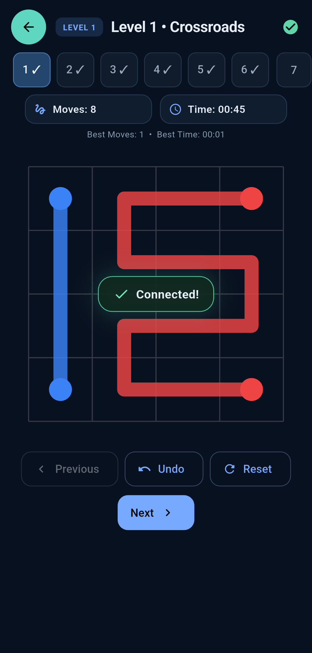Pathly completed Crossroads puzzle with both paths connected