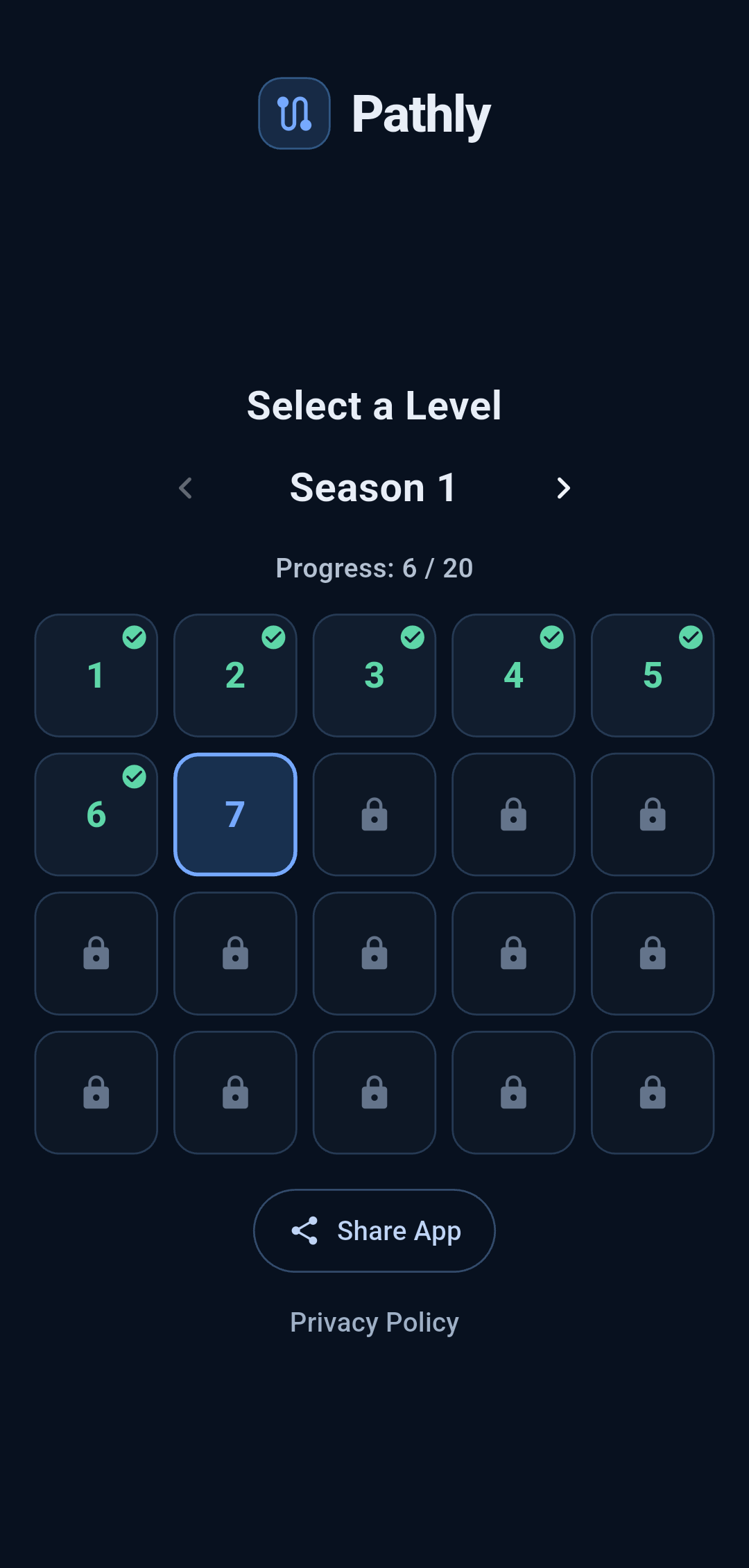 Pathly Season 1 level selection showing completed, current, and locked levels