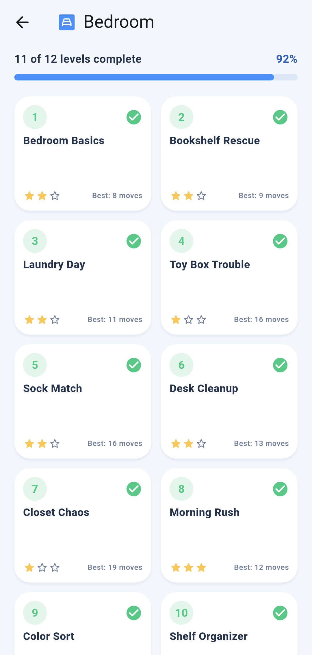 Sortly Bedroom level selection showing completed levels and best move counts